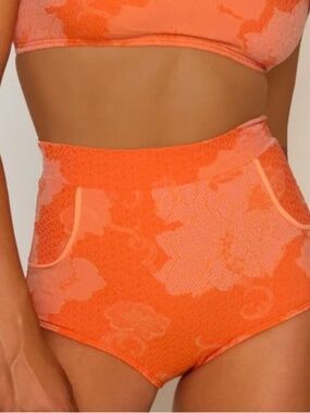 Seea High Waist Bikini Bottom Orange Jacquard Floral Textured Surf Swim S